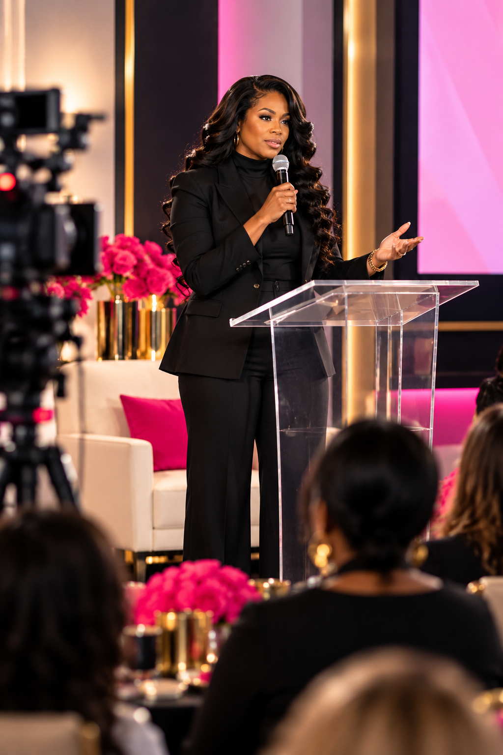 Professionally dressed Black woman speaking on stage with cameras and an audience